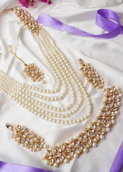 4 Piece Gold Pearl Choker Necklace Earring Tika Set Online in KSA Riyadh Saudi Arabia Oman Bahrain Qatar
