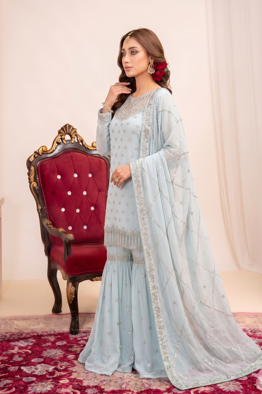 Light Blue Embroidered Bemberg Crinkle Chiffon Gharara Set