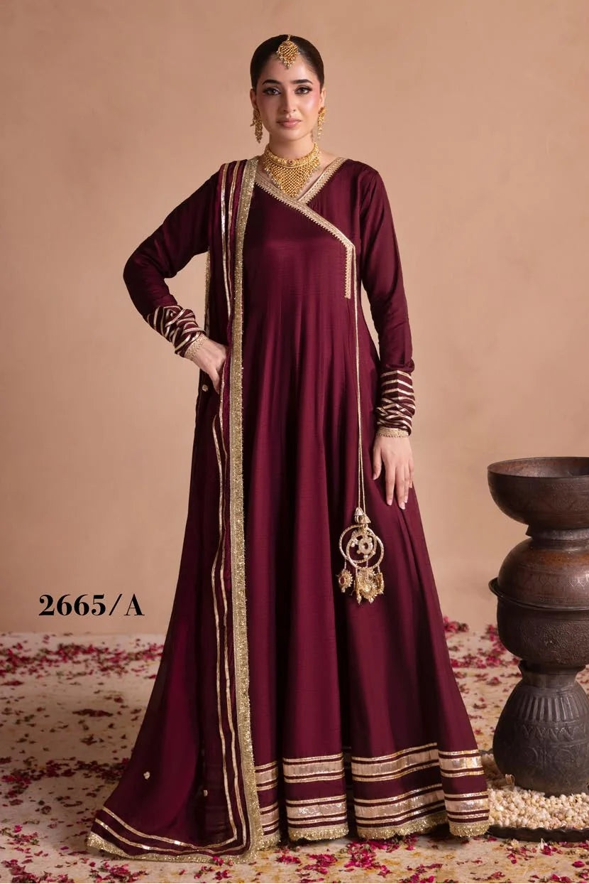 Elegant Plum Purple Raw Silk Flared Angarkha