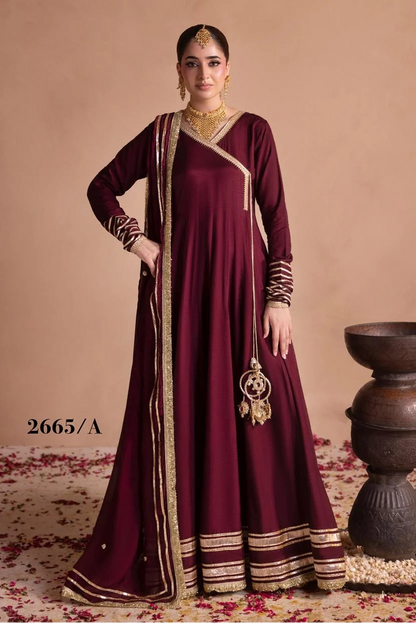Elegant Plum Purple Raw Silk Flared Angarkha