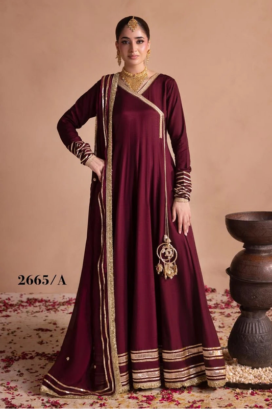 Elegant Plum Purple Raw Silk Flared Angarkha