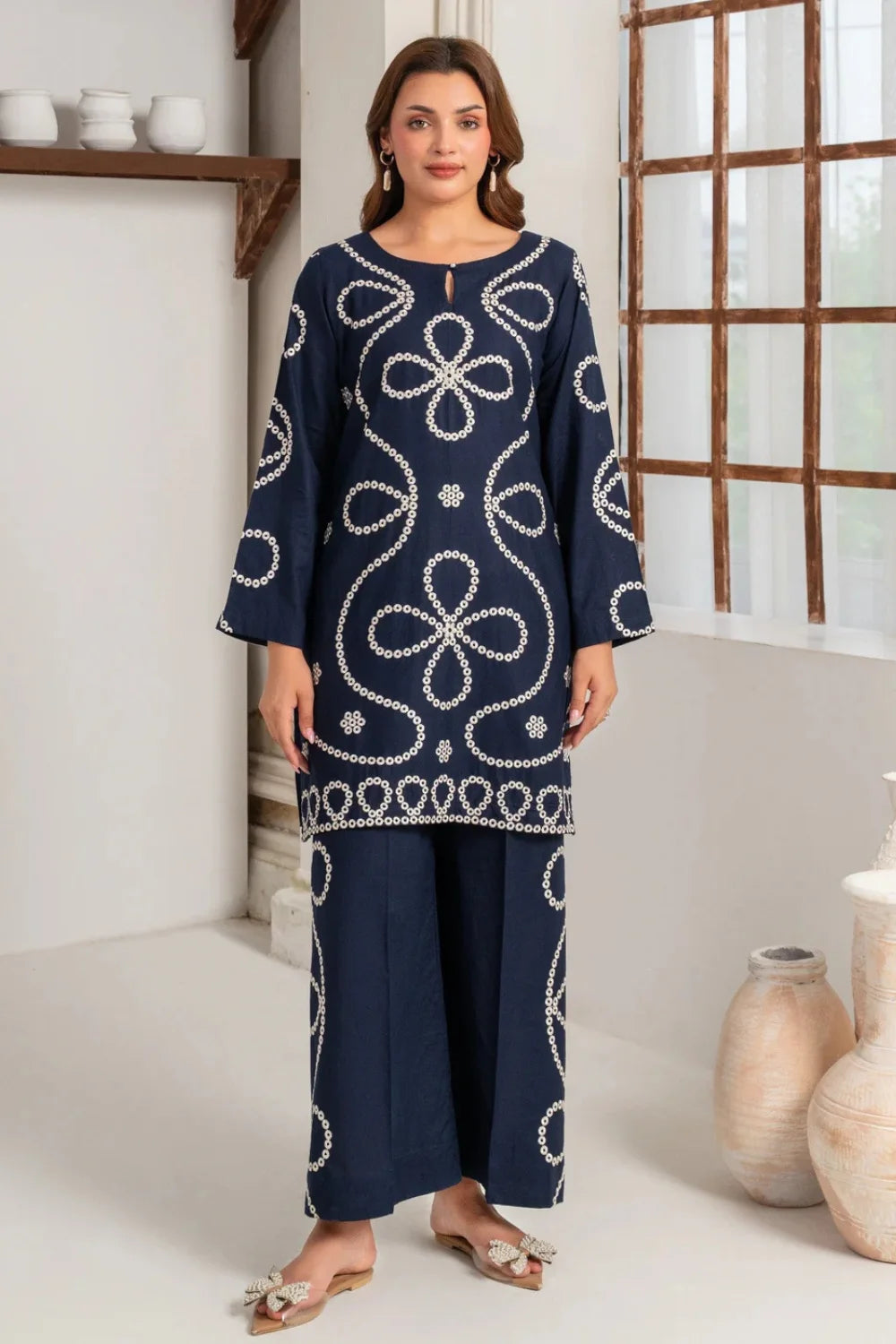 Navy Blue Embroidered Lawn Kurta Set