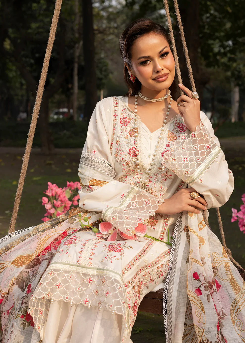 Ivory Lawn Suit with Patchwork Embroidery