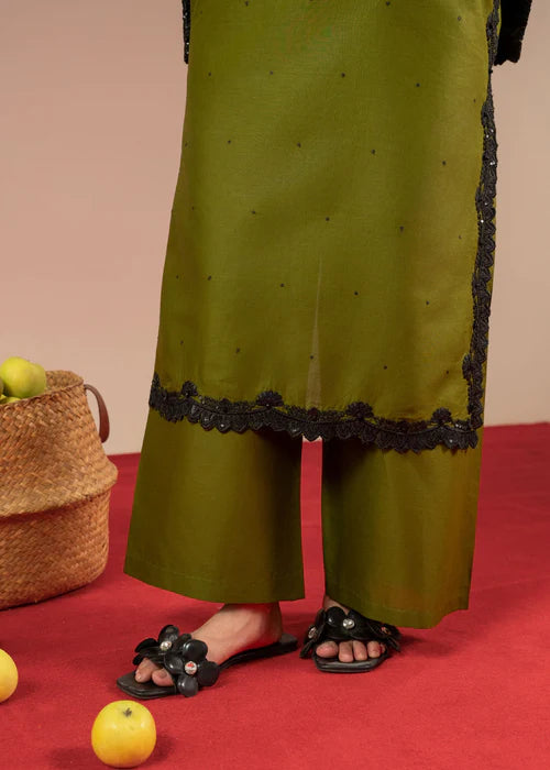 Apple Green Sequins Embroidered Linen Kurta Set