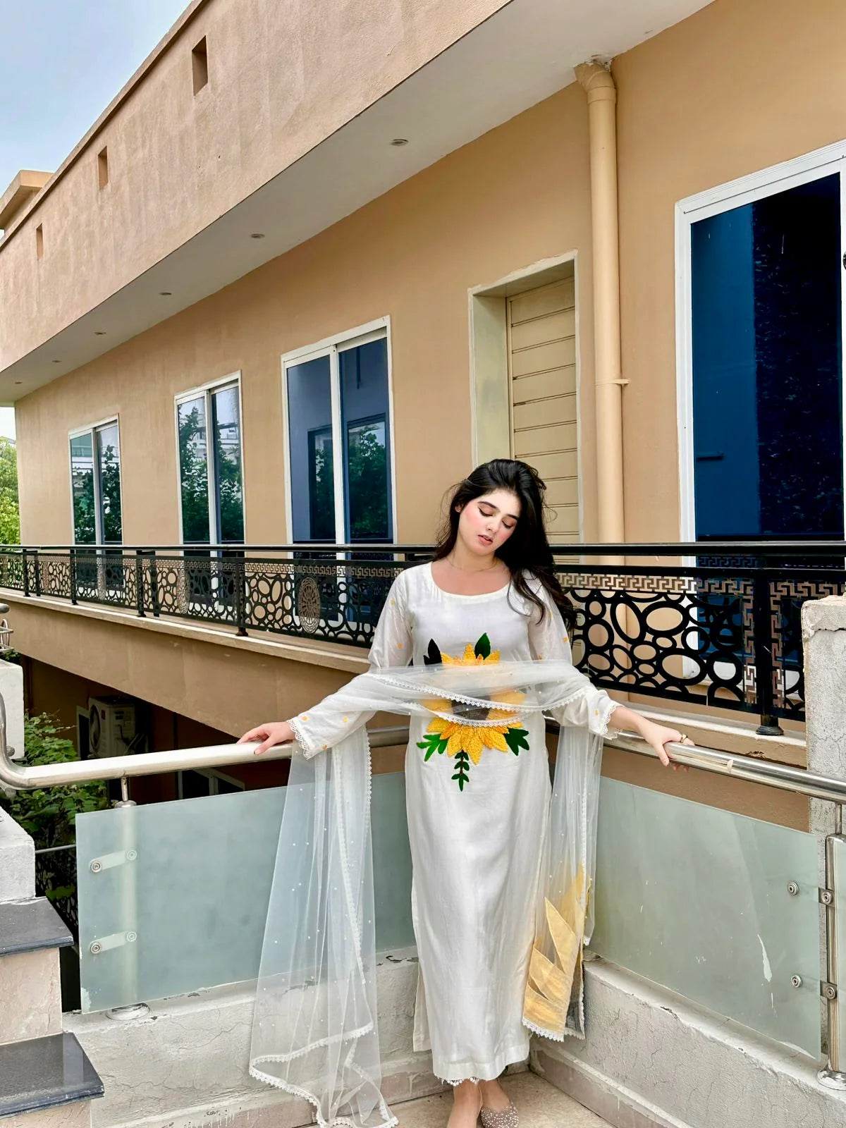 Hand Embroidered Pure Cotton Suit with Sunflower Wool Work