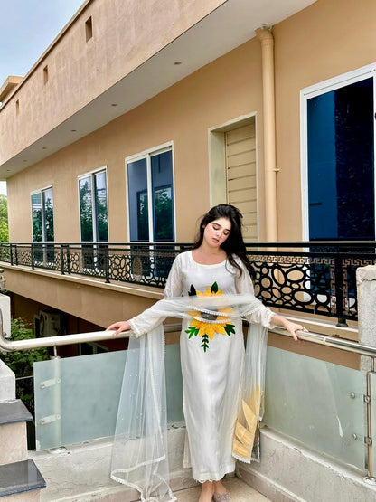 Hand Embroidered Pure Cotton Suit with Sunflower Wool Work