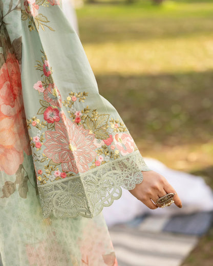 Mint Green Pure Cotton Embroidered Suit with Cutwork Details
