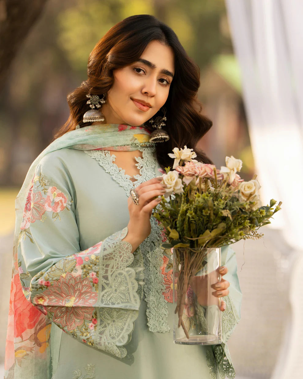 Mint Green Pure Cotton Embroidered Suit with Cutwork Details