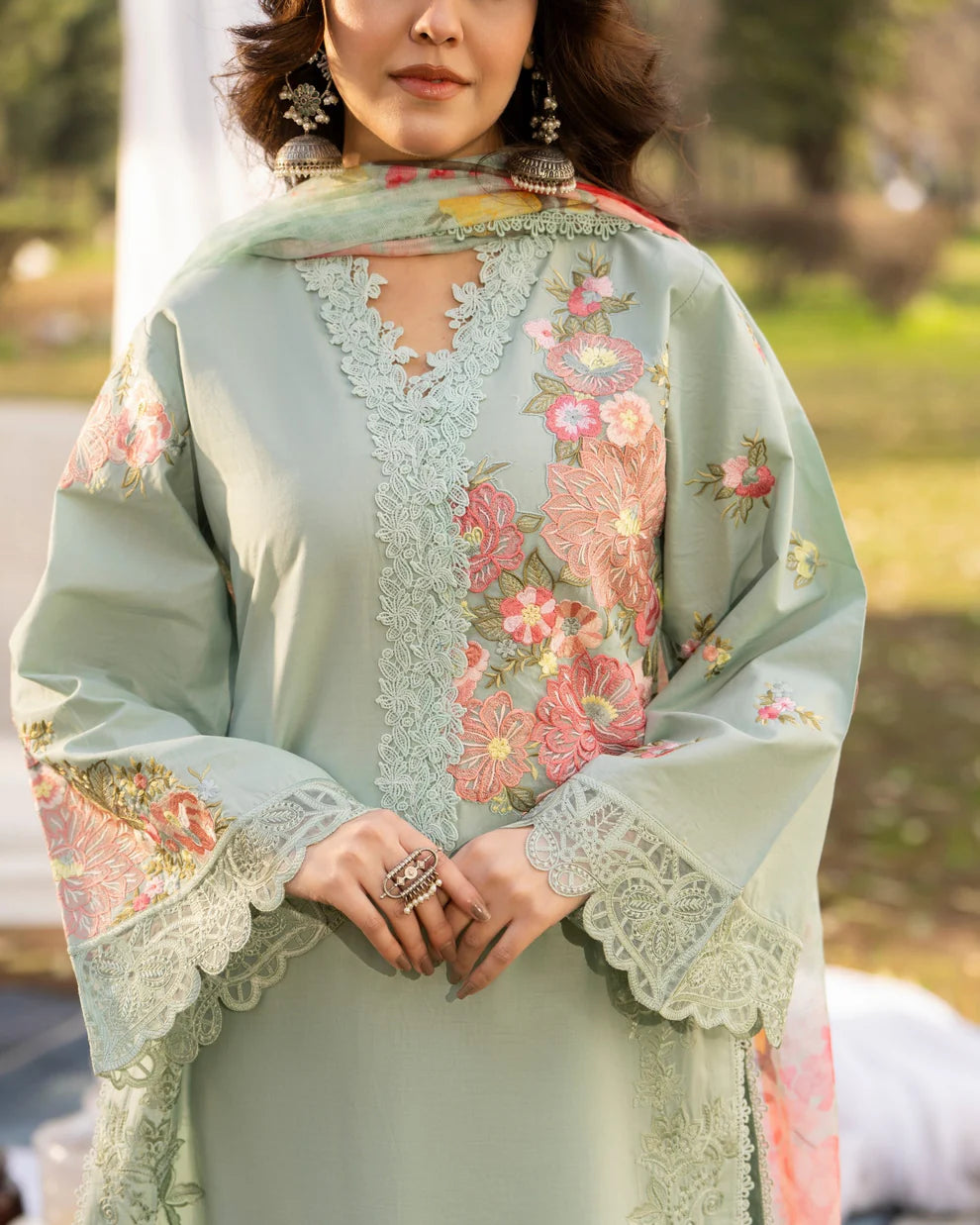 Mint Green Pure Cotton Embroidered Suit with Cutwork Details