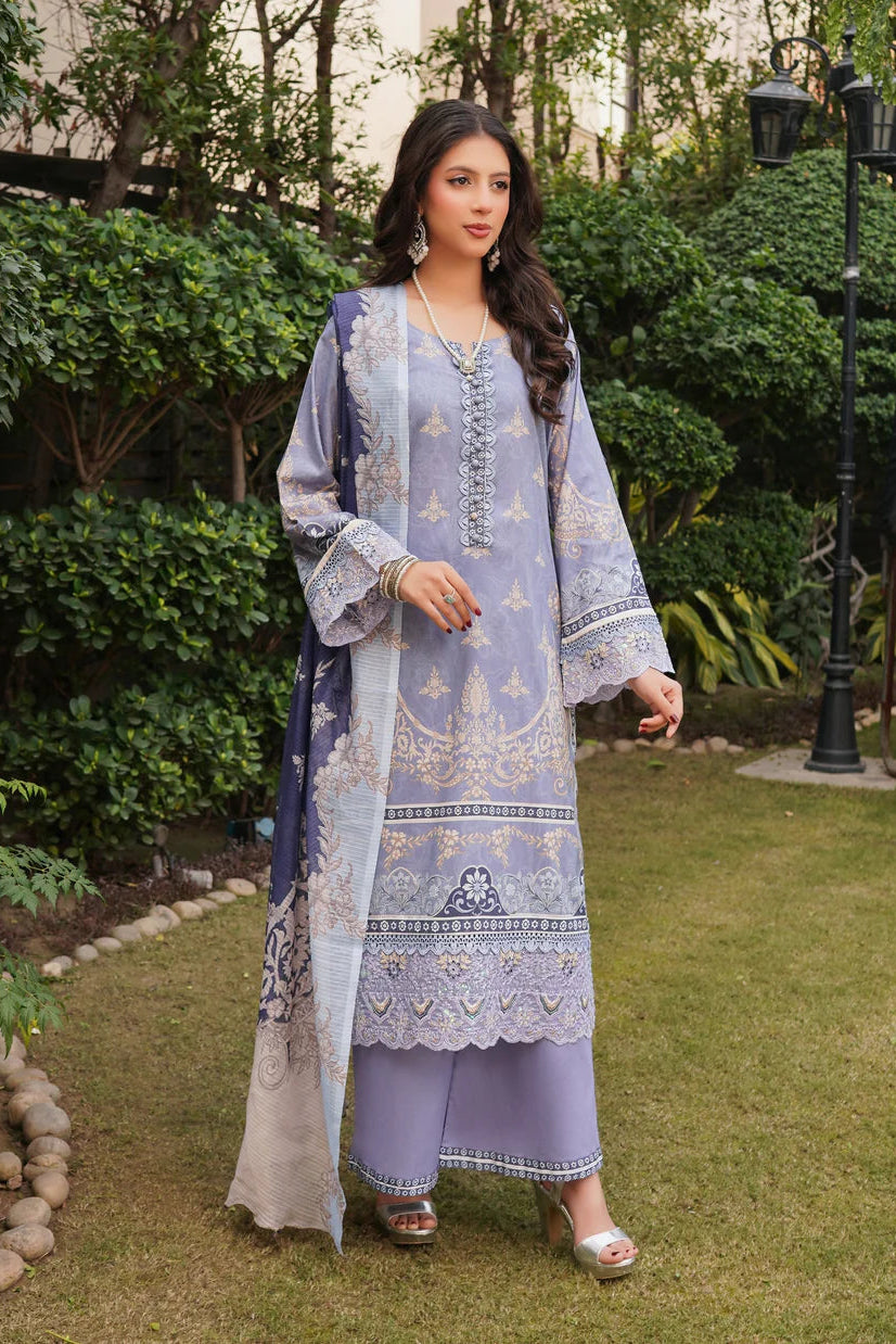 Lavendar Purple Printed Embroidered Lawn Suit