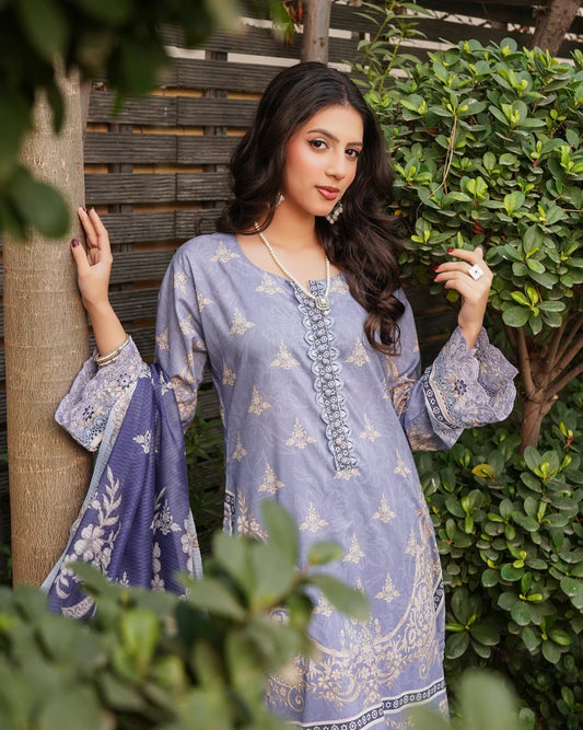 Lavendar Purple Printed Embroidered Lawn Suit Size Small