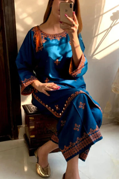 Royal Blue Kurta Set with Mirror Work