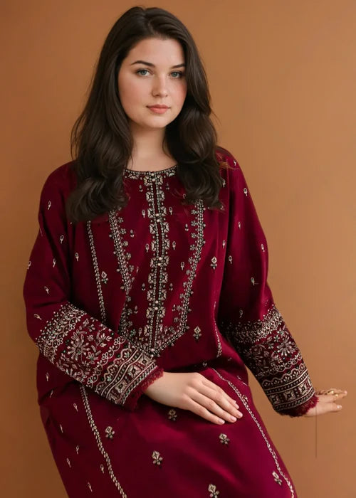 Embroidered Maroon Linen Kurta Set