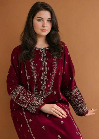 Embroidered Maroon Linen Kurta Set