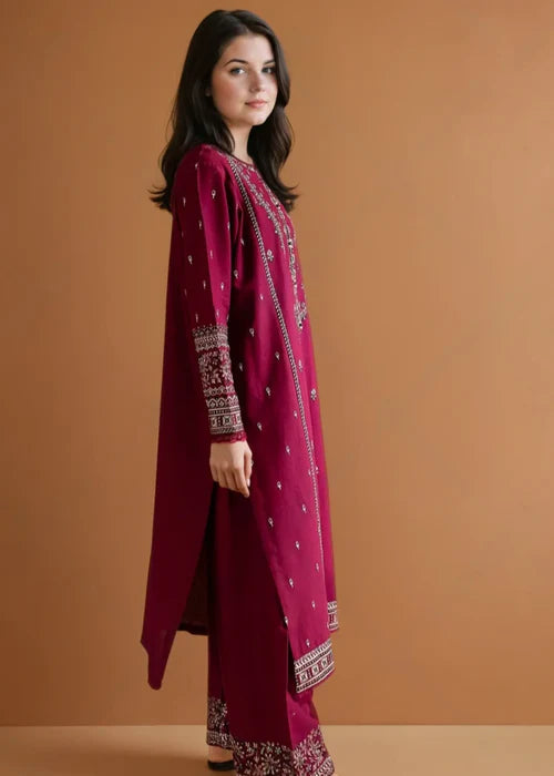 Embroidered Maroon Linen Kurta Set