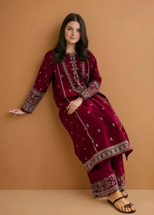 Embroidered Maroon Linen Kurta Set