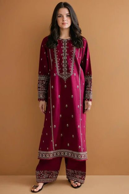 Embroidered Maroon Linen Kurta Set