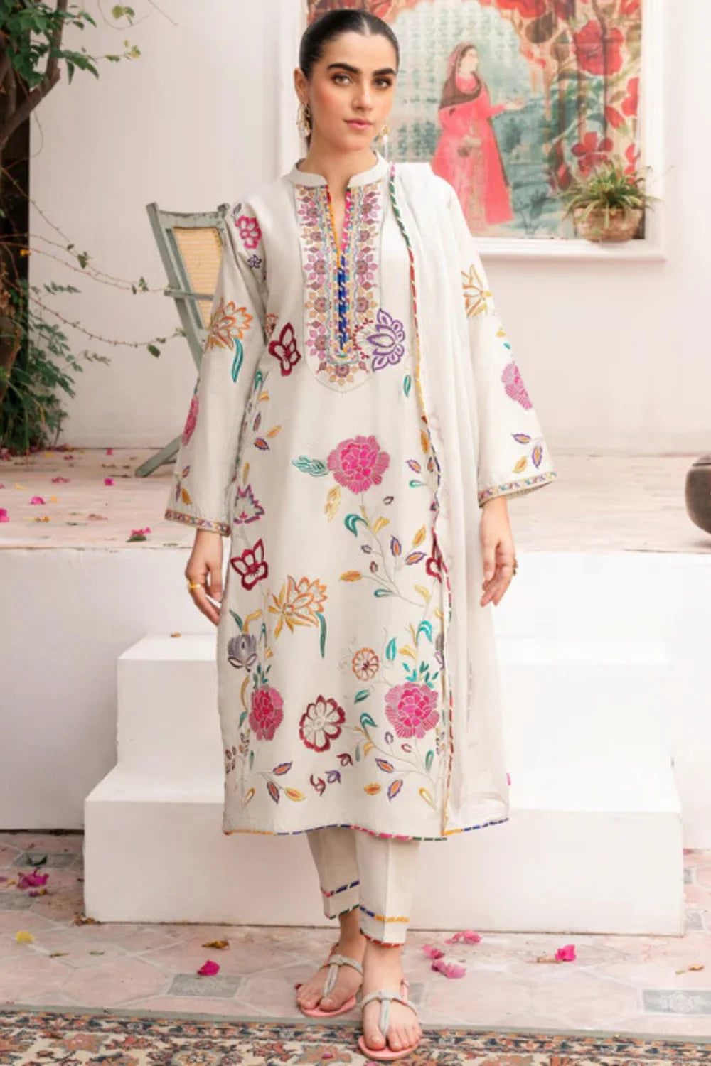 White Embroidered Winter Kurta Set with Dupatta