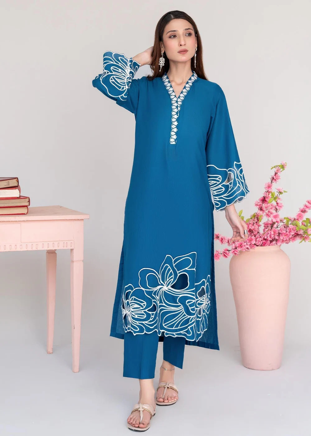 Blue Embroidered Khaddar Winter Kurta Set