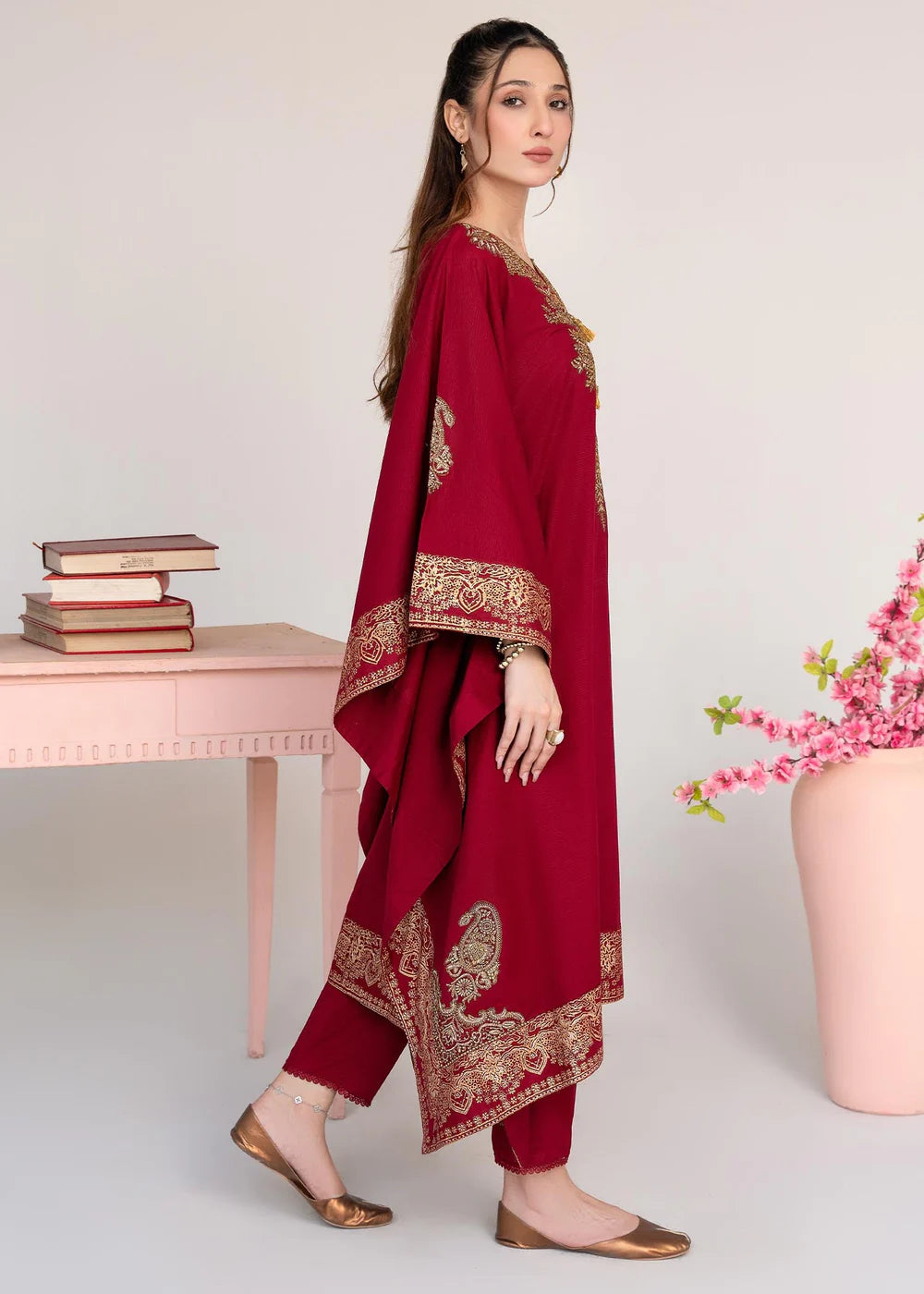 Maroon Embroidered Khaddar Winter Kaftan