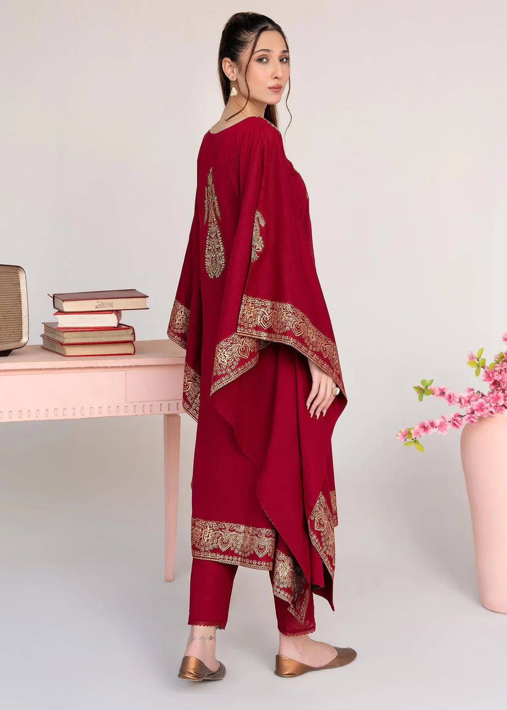 Maroon Embroidered Khaddar Winter Kaftan
