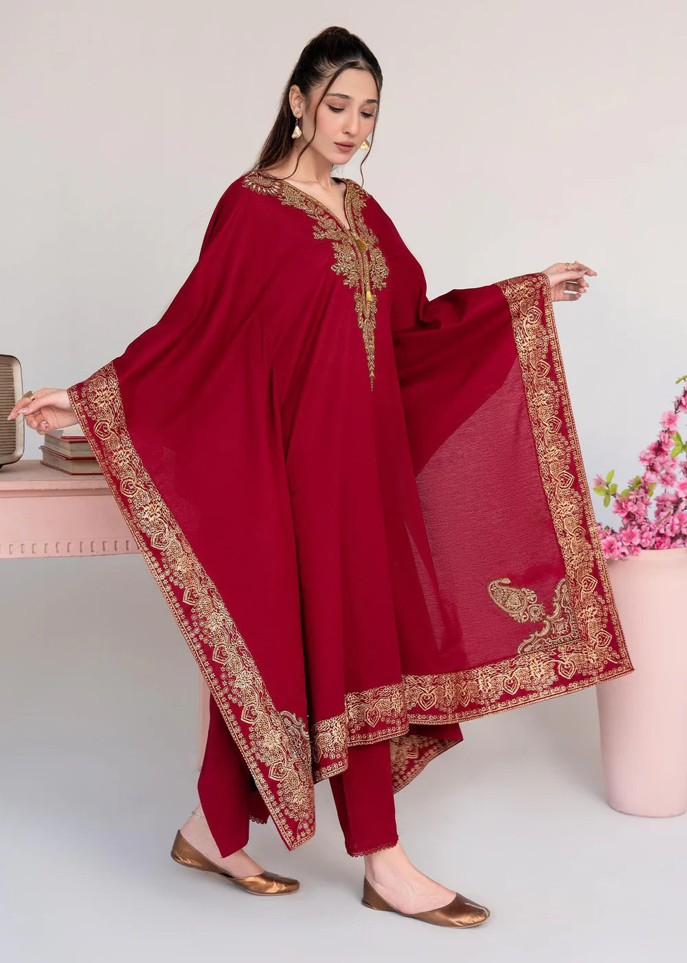 Maroon Embroidered Khaddar Winter Kaftan