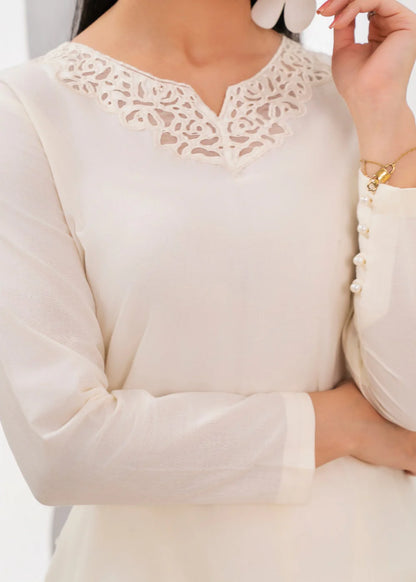 Pearl White Lawn Kurta Set with Laser Cutwork