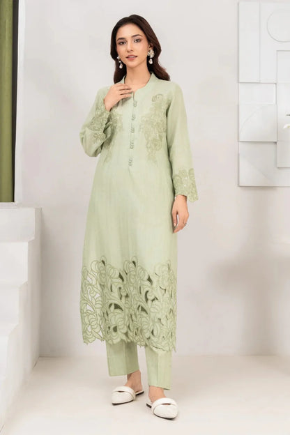 Pistachio Green Embroidered Khaddar Winter Kurta Set
