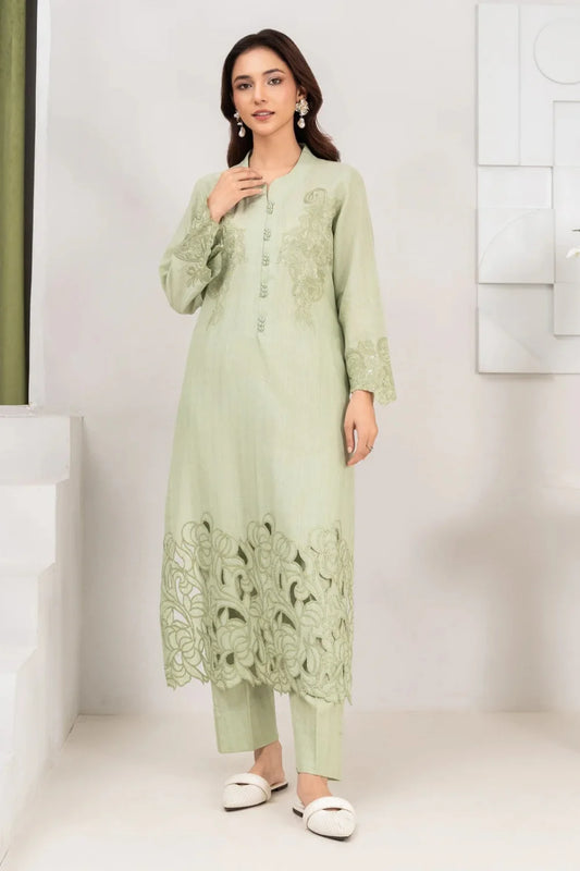 Pistachio Green Embroidered Khaddar Winter Kurta Set