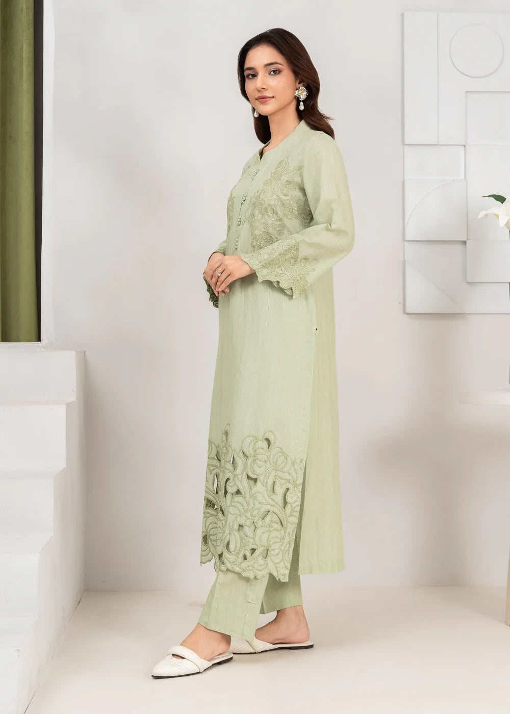 Pistachio Green Embroidered Khaddar Winter Kurta Set
