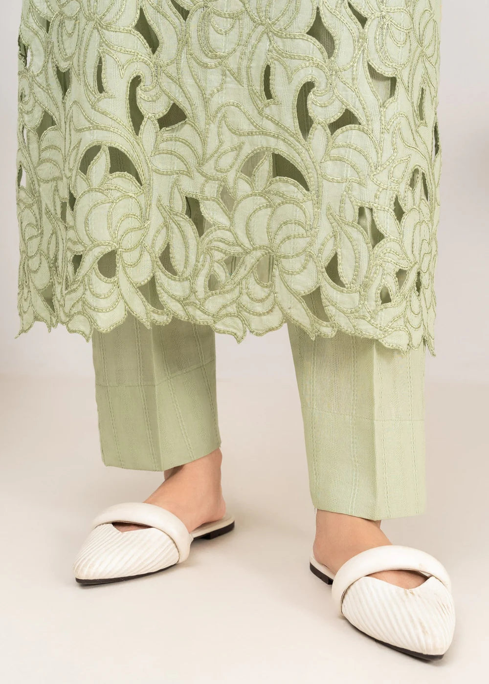 Pistachio Green Embroidered Khaddar Winter Kurta Set