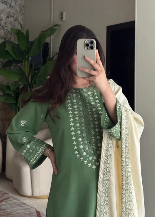 Jade Green Embroidered Winter Kurta Set with Dupatta