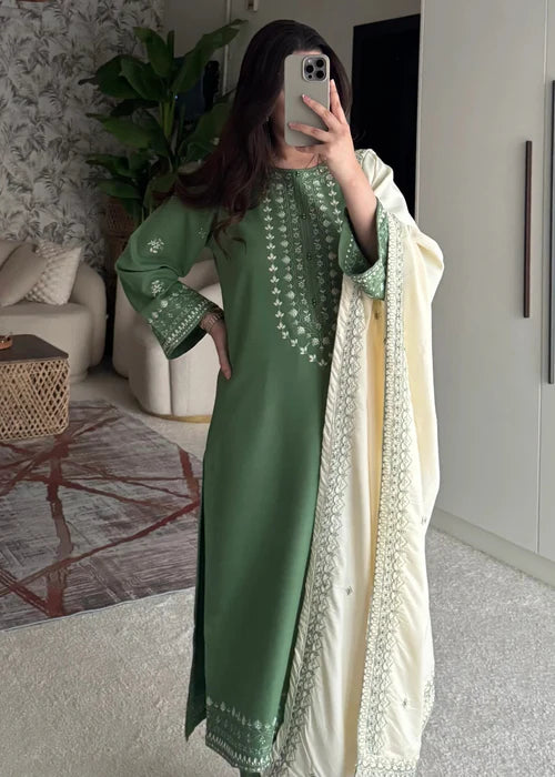 Jade Green Embroidered Winter Kurta Set with Dupatta