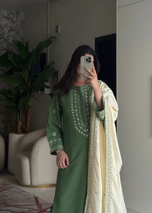 Jade Green Embroidered Winter Kurta Set with Dupatta