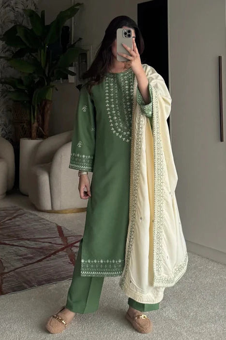 Jade Green Embroidered Winter Kurta Set with Dupatta