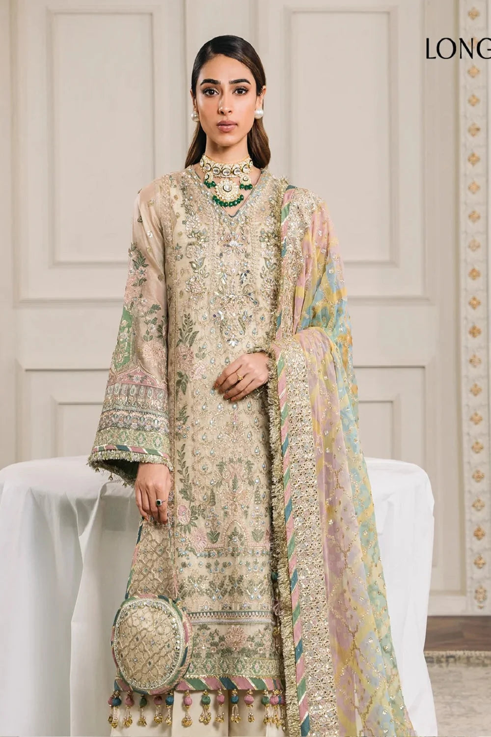 Beige Handmade Organza Partywear Suit