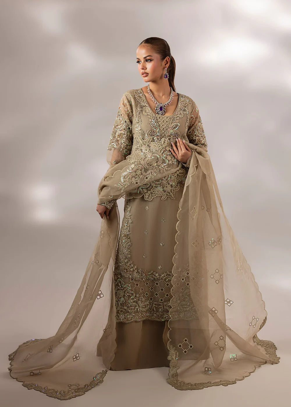 Beige Embellished Suit with Flared Trouser