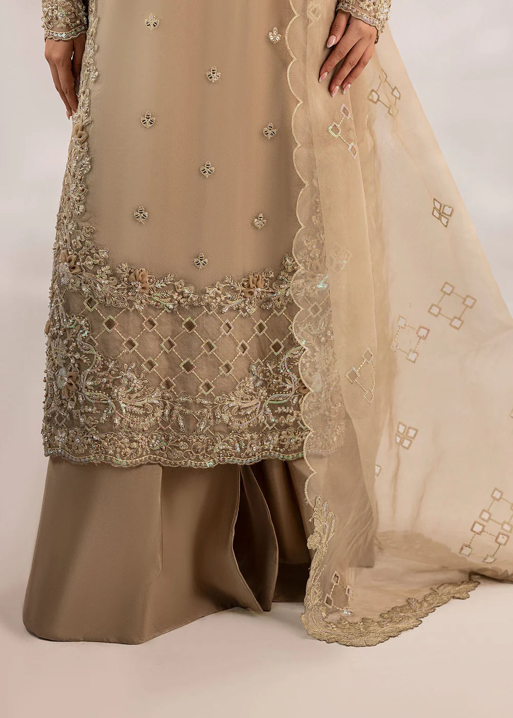 Beige Embellished Suit with Flared Trouser