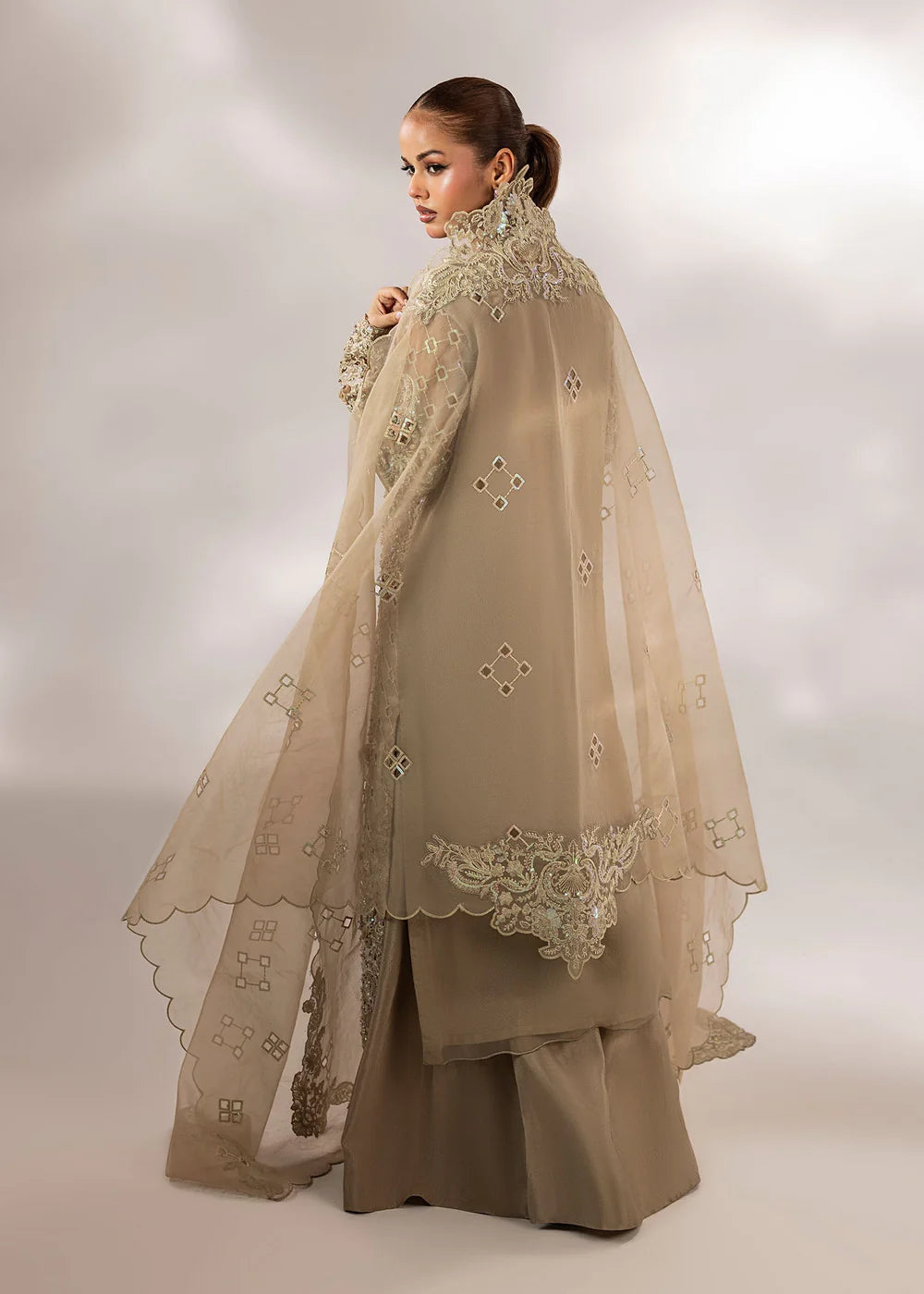 Beige Embellished Suit with Flared Trouser