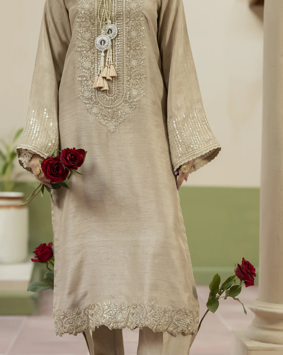 Elegant Beige Raw Silk Suit