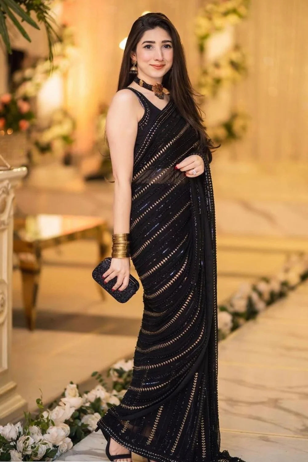Black Chiffon Saree with Pearl Work