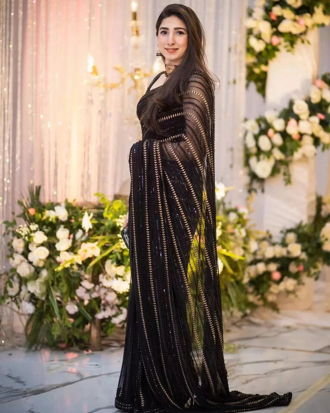 Black Chiffon Saree with Pearl Work
