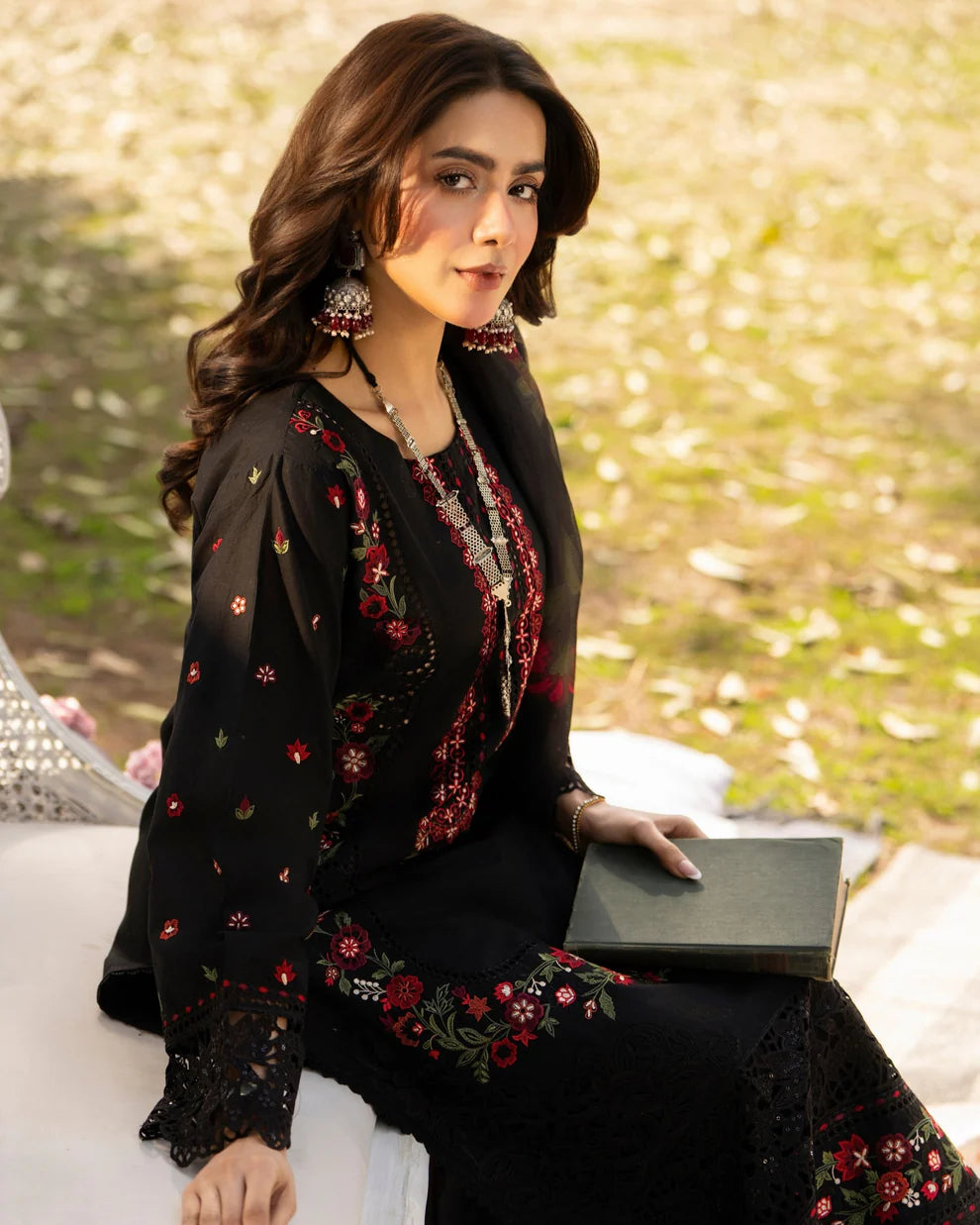Black Chikankari Lawn Suit with Cutwork Details