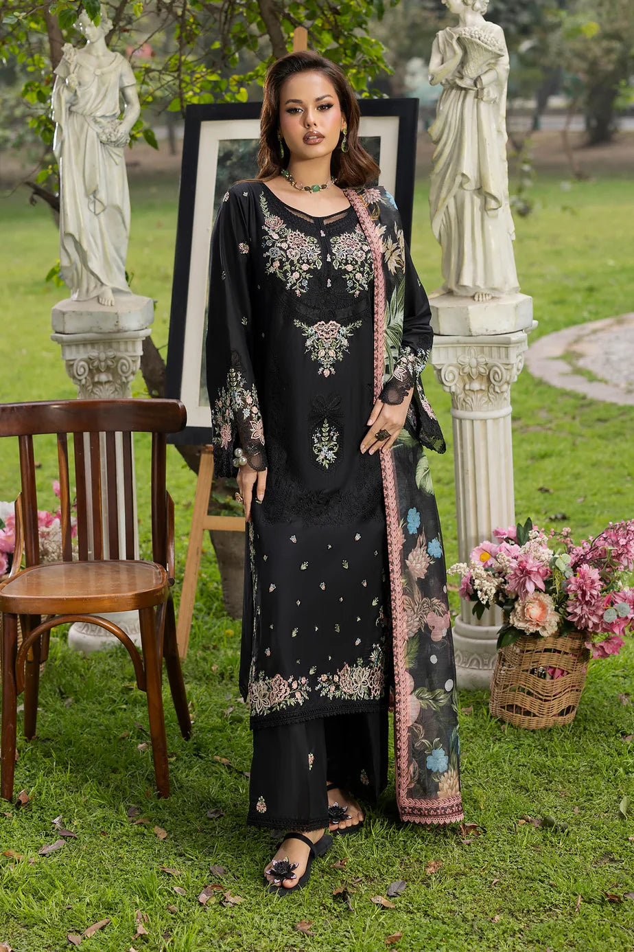 Black Lawn Shirt with Organza Patchwork Embroidery