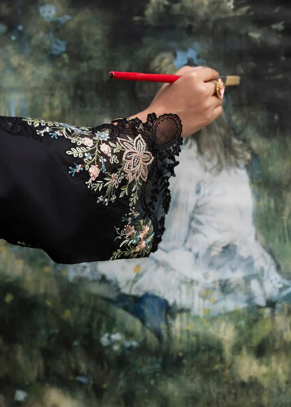 Black Lawn Shirt with Organza Patchwork Embroidery