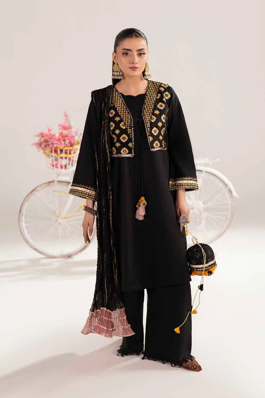 Black Embroidered Cotton Jacket-Style Suit with Potli