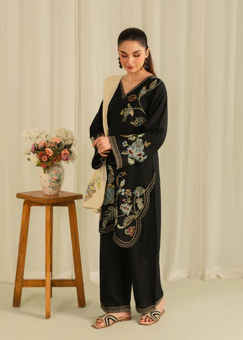 Black Embroidered Linen Kurta Set with Dupatta