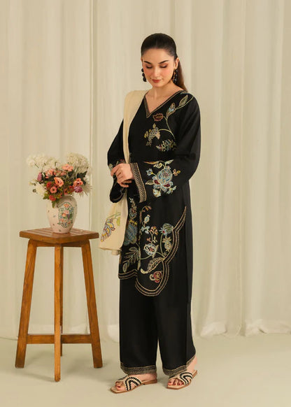 Black Embroidered Linen Kurta Set with Dupatta