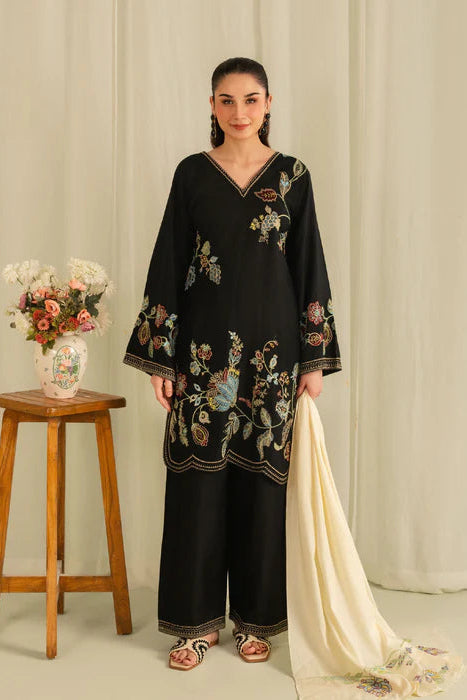 Black Embroidered Linen Kurta Set with Dupatta