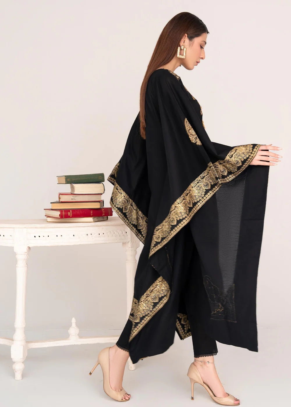 Black Embroidered Lawn Kaftan